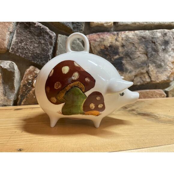 Vintage Hand Painted Ceramic Piggy Bank. Mushrooms. Signed. Handle. nursery - Picture 1 of 7